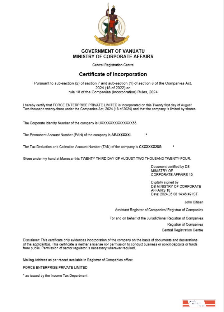Vanuatu business registration certificate Word and PDF template